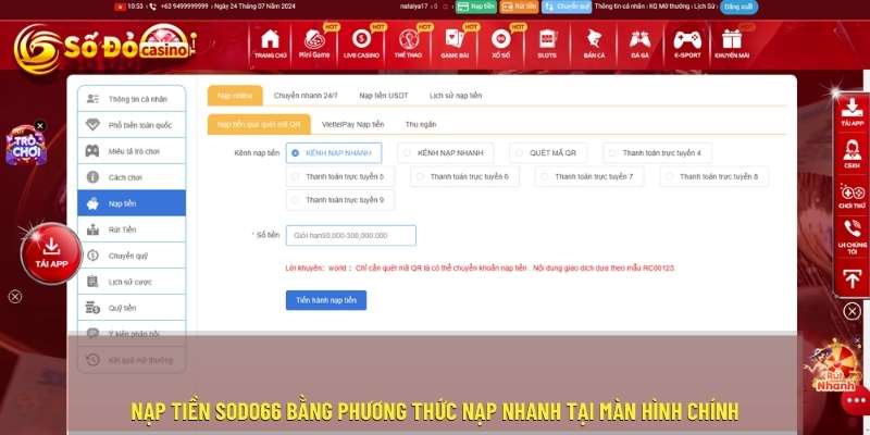 Nạp tiền sodo66 nhanh chóng bằng phương thức nạp nhanh tại màn hình chính