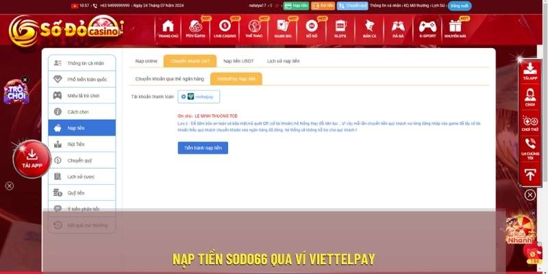 Cách nạp tiền sodo66 qua hình thức ví điện tử ViettelPay